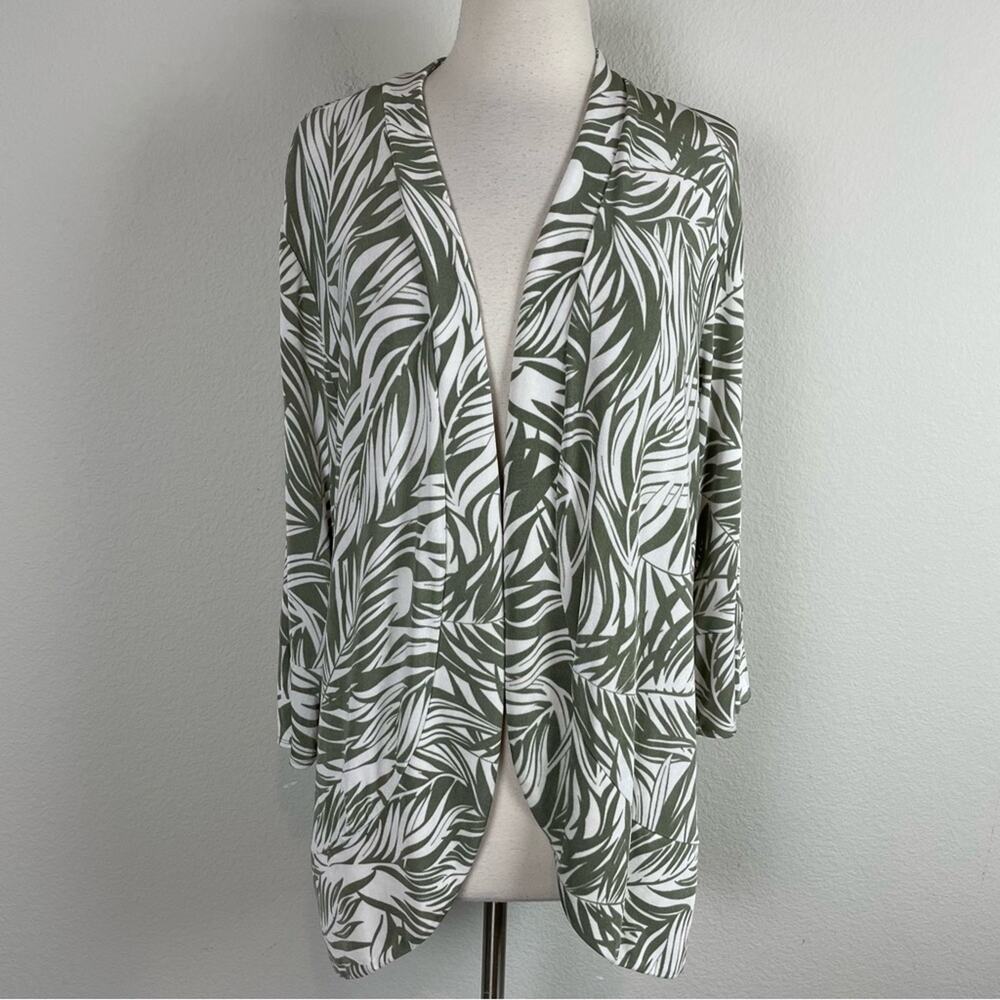Chico's Travelers Green Off White Leaf Print Sliny Knit Kimono 2 - Picture 2 of 8